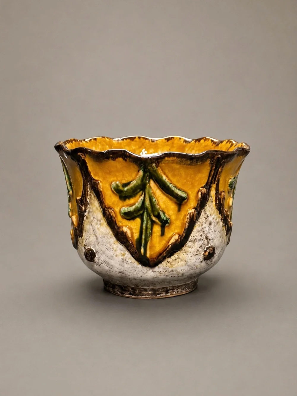 Vintage Art Pottery Planter Signed Italy Mustard Yellow Green Sculptural Ceramic